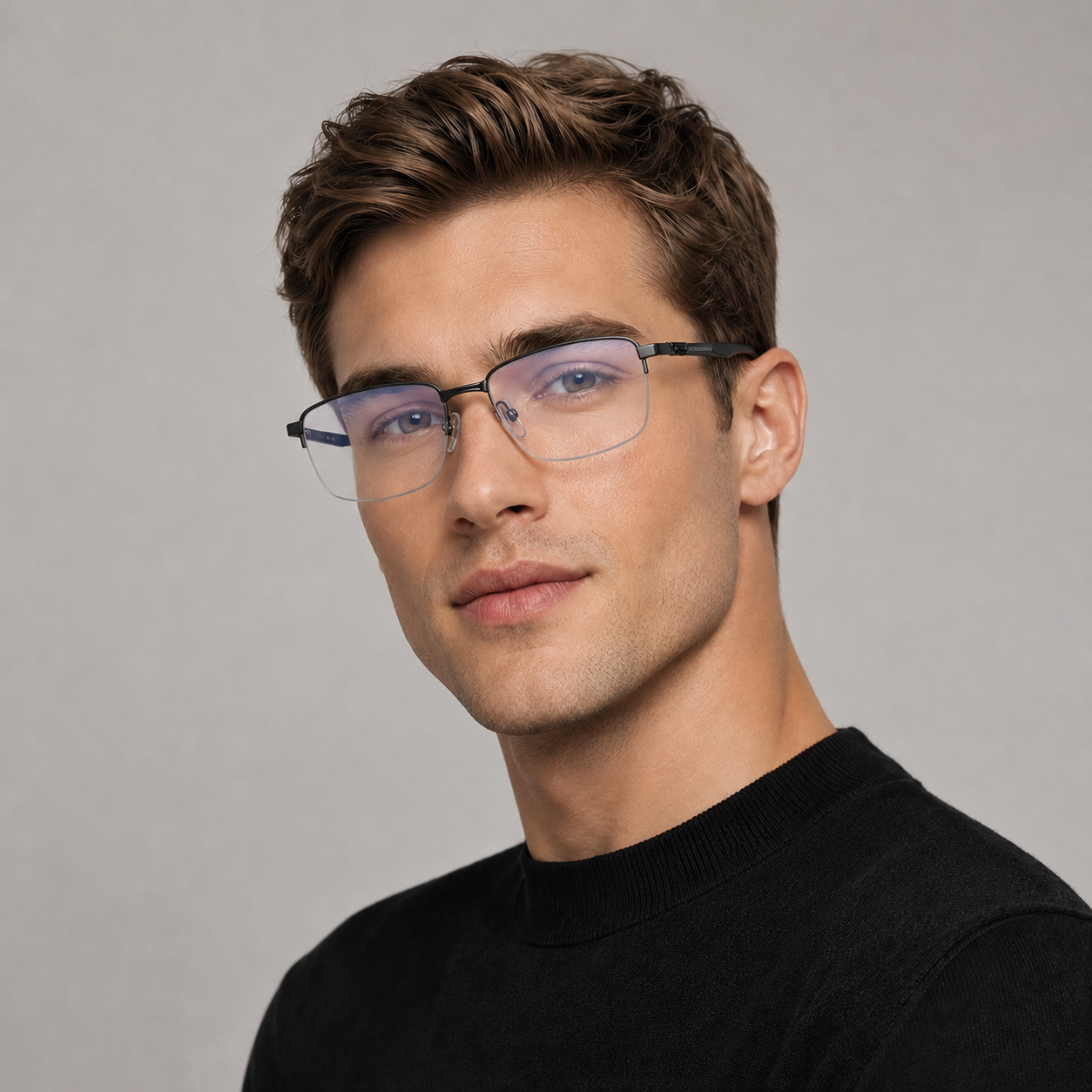 Model wearing rectangular blue-light glasses