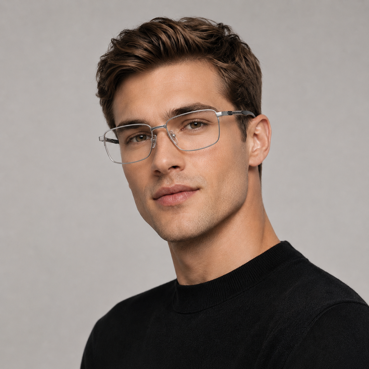 Model wearing silver rectangular reading glasses