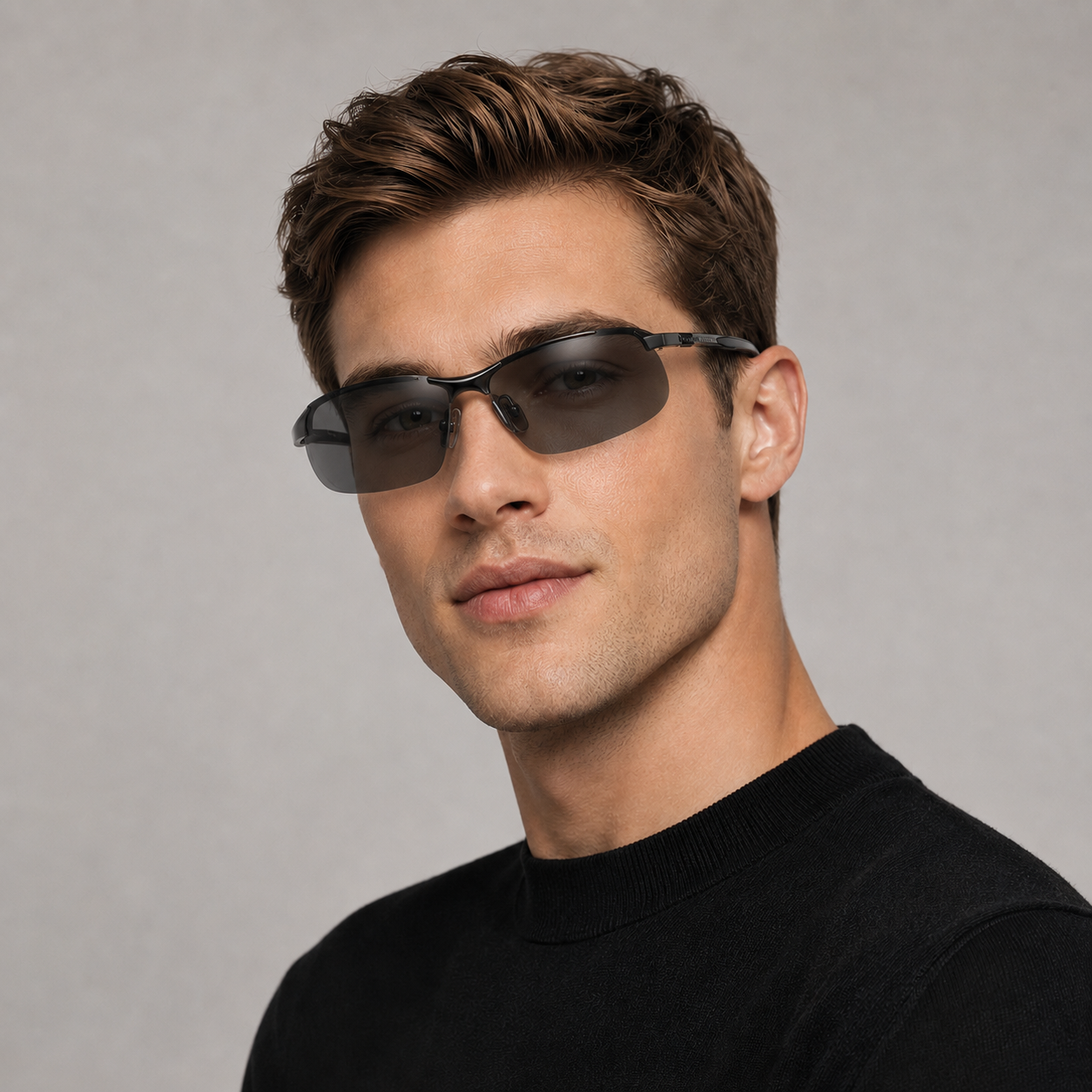Model wearing black half-rim sunglasses