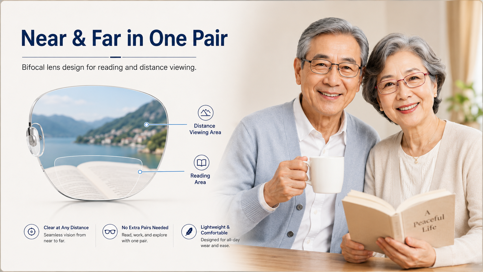 Near and far bifocal reading glasses for senior users